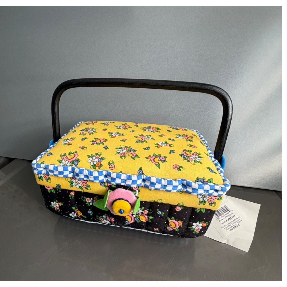 Mary Engelbreit Sewing Basket Organizer Small Yellow Floral Gingham Vintage